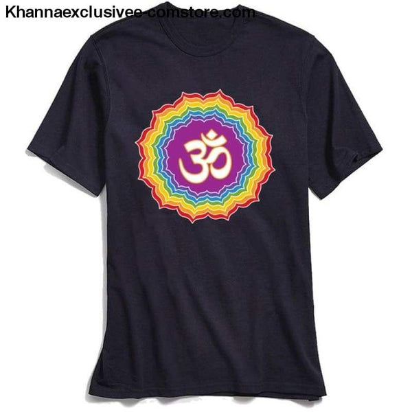 New Mens T-Shirt Printed Om with Seven Chakras Different Colors Tops Tees 100% Cotton O-Neck Short Sleeve Mandala T-shirt - Navy Blue / XS -