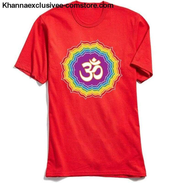 New Mens T-Shirt Printed Om with Seven Chakras Different Colors Tops Tees 100% Cotton O-Neck Short Sleeve Mandala T-shirt - Red / XS - New
