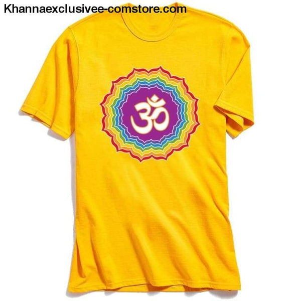 New Mens T-Shirt Printed Om with Seven Chakras Different Colors Tops Tees 100% Cotton O-Neck Short Sleeve Mandala T-shirt - Yellow / XS -
