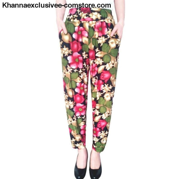 New Womens Elegant Trousers Pants Floral Printed Elastic Waist Thin Pencil Pants - 4 / One Size - New Womens Elegant Trousers Pants Floral