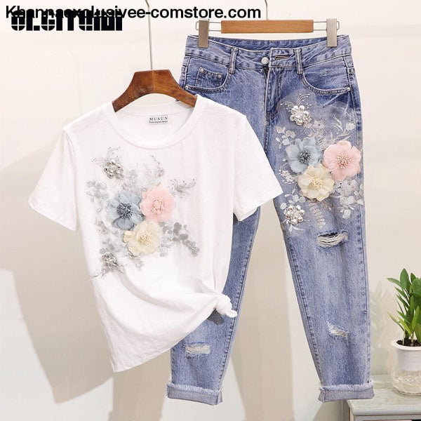 New Womens Embroidery 3D Flower O-neck Short Sleeve T shirt + Half Pant 2 piece Set - New Womens Embroidery 3D Flower O-neck Short Sleeve T
