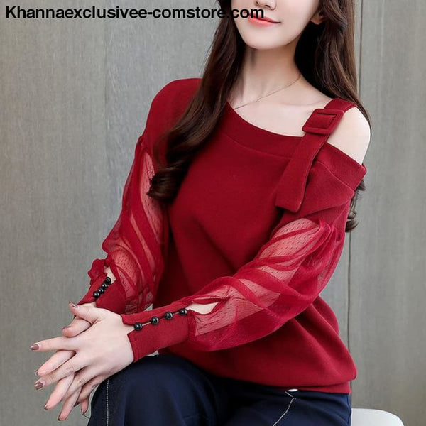 New womens fashionable blouse off shoulder top long sleeve Hot selling shirt - Red / L - New womens fashionable blouse off shoulder top long