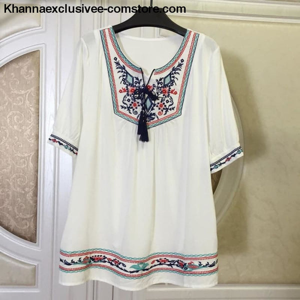 Summer Ethnic Boho Embroidery Womens Short Sleeve Casual Blouse Plus Size Top - Summer Ethnic Boho Embroidery Womens Short Sleeve Casual