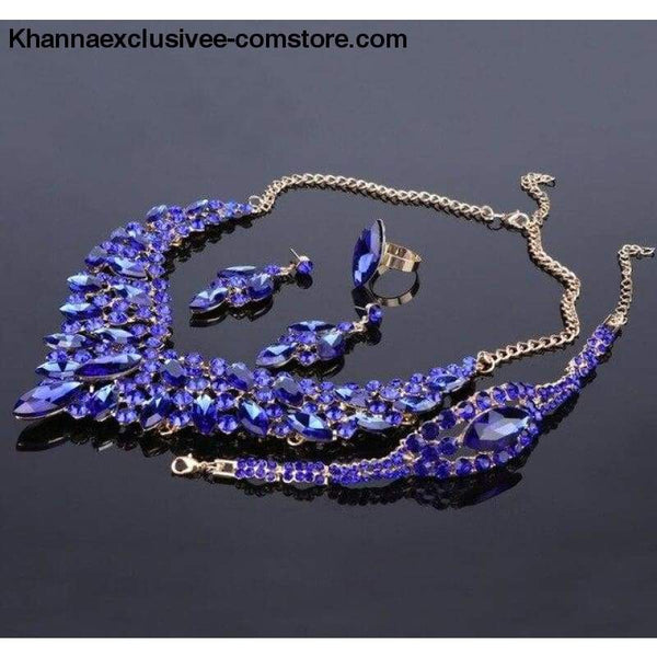 Womens Blue Crystal Rhinestone Gold Color Necklace Earrings Bracelet Ring Set Wedding Luxury Bridal Jewelry Set - Blue / Resizable - Womens