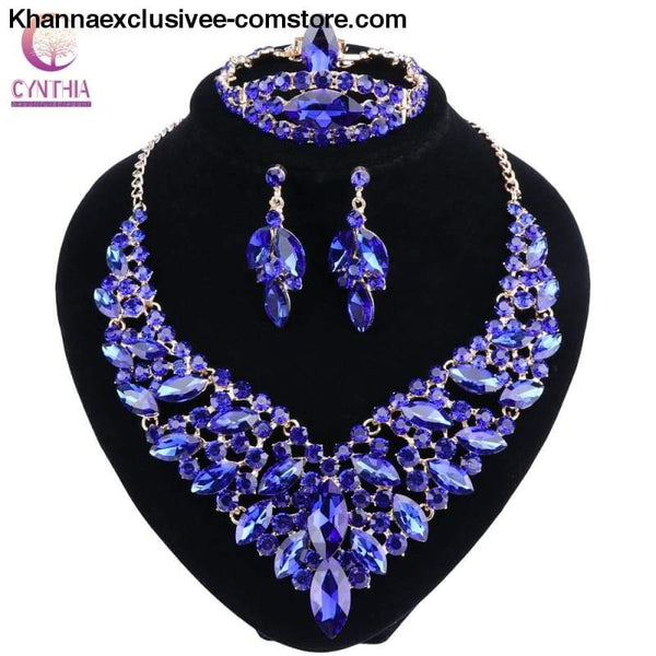 Womens Blue Crystal Rhinestone Gold Color Necklace Earrings Bracelet Ring Set Wedding Luxury Bridal Jewelry Set - Womens Blue Crystal