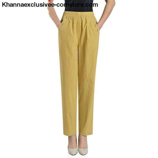 Womens Casual Straight Loose Elegant Fashion Elastic Waist Solid Color Pants in Plus Size - yellow / L - Womens Casual Straight Pants Loose