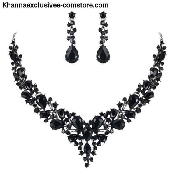 Womens Cluster Flower Bridal Jewelry Set Austrian Crystal Wedding Necklace Earrings Set Party Collier - Black Black Tone / China - Womens
