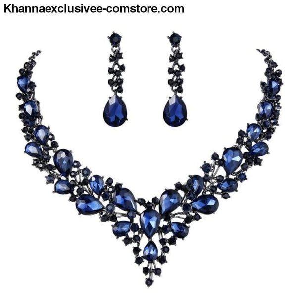 Womens Cluster Flower Bridal Jewelry Set Austrian Crystal Wedding Necklace Earrings Set Party Collier - Blue Black Tone / China - Womens