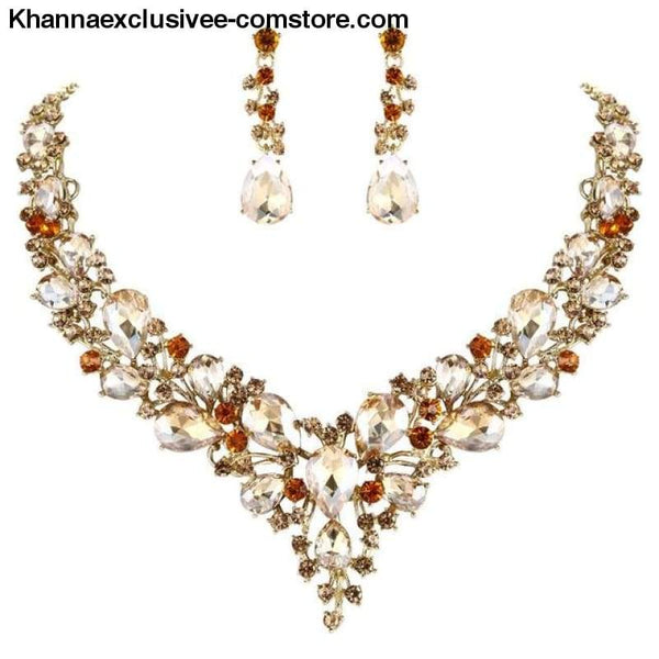 Womens Cluster Flower Bridal Jewelry Set Austrian Crystal Wedding Necklace Earrings Set Party Collier - Brown Gold / China - Womens Cluster