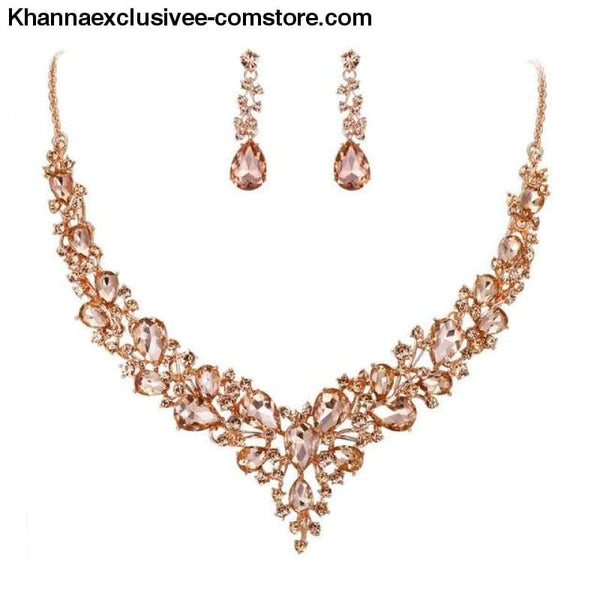 Womens Cluster Flower Bridal Jewelry Set Austrian Crystal Wedding Necklace Earrings Set Party Collier - Champagne Rose Gold / China - Womens