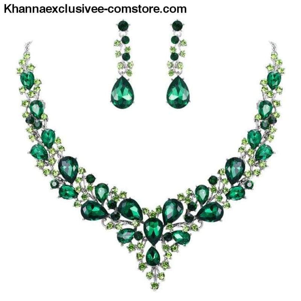 Womens Cluster Flower Bridal Jewelry Set Austrian Crystal Wedding Necklace Earrings Set Party Collier - Green Silver / China - Womens