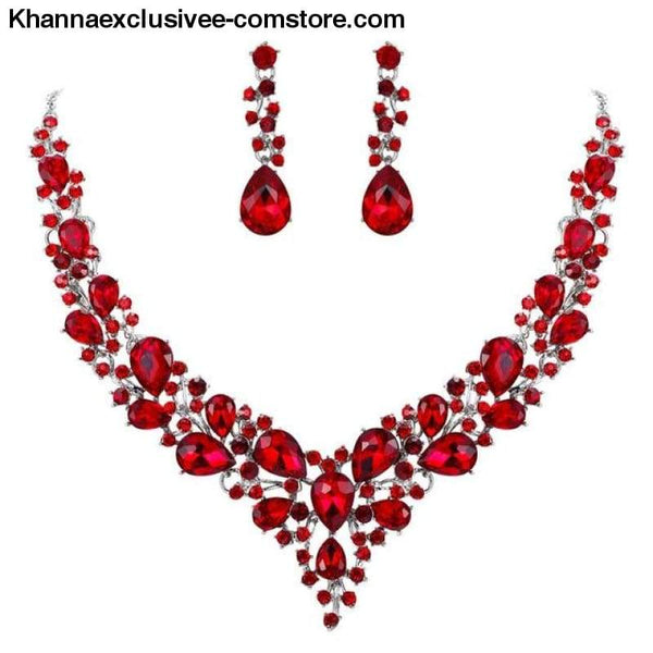 Womens Cluster Flower Bridal Jewelry Set Austrian Crystal Wedding Necklace Earrings Set Party Collier - Red Silver / China - Womens Cluster