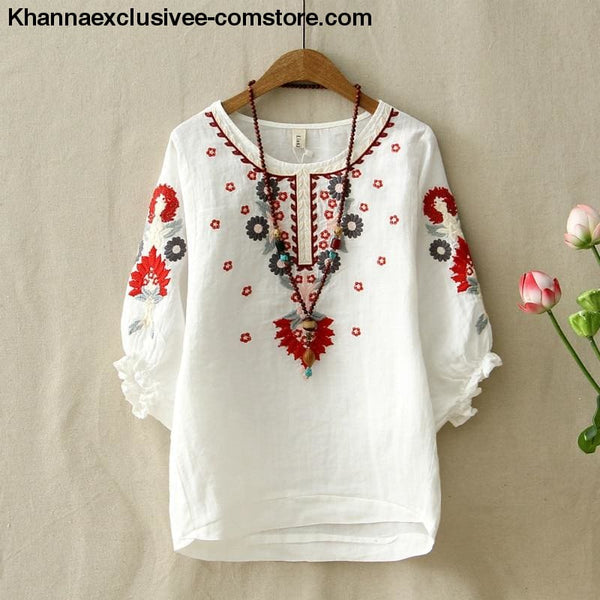 Womens Ethnic Vintage White Floral Embroidered Blouse Loose Half Lantern Sleeve Top Casual Shirt - Ethnic Vintage Womens White Floral