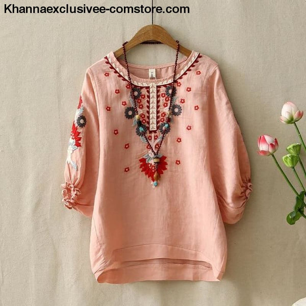 Womens Ethnic Vintage White Floral Embroidered Blouse Loose Half Lantern Sleeve Top Casual Shirt - Pink / One Size - Ethnic Vintage Womens