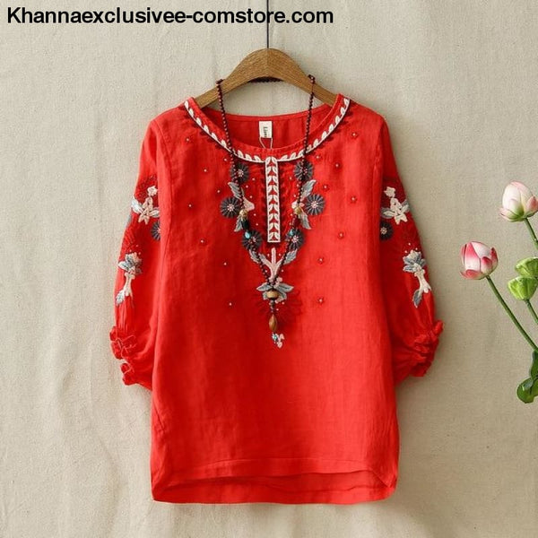 Womens Ethnic Vintage White Floral Embroidered Blouse Loose Half Lantern Sleeve Top Casual Shirt - Red / One Size - Ethnic Vintage Womens