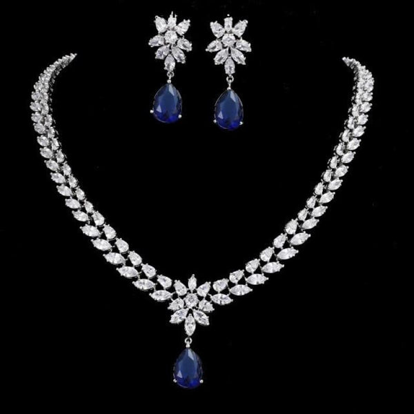 Womens Romantic Trendy Flower Design Water Drop CZ Party Silver-color Jewelry set - blue / 45cm - Womens Romantic Trendy Wedding Jewelry Set