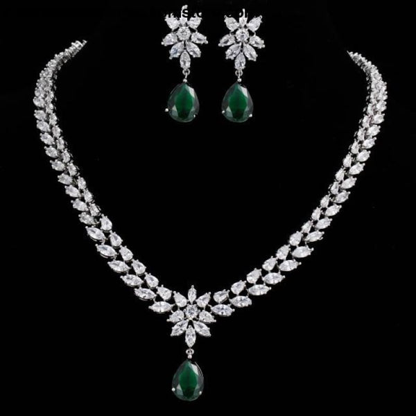 Womens Romantic Trendy Flower Design Water Drop CZ Party Silver-color Jewelry set - green / 45cm - Womens Romantic Trendy Wedding Jewelry