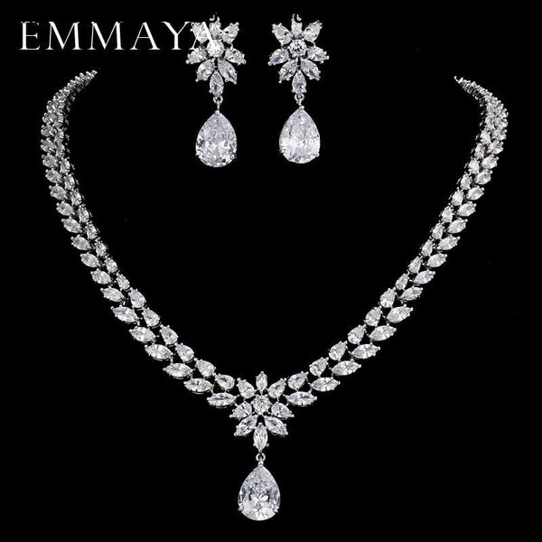 Womens Romantic Trendy Flower Design Water Drop CZ Party Silver-color Jewelry set - Womens Romantic Trendy Wedding Jewelry Set Flower Design