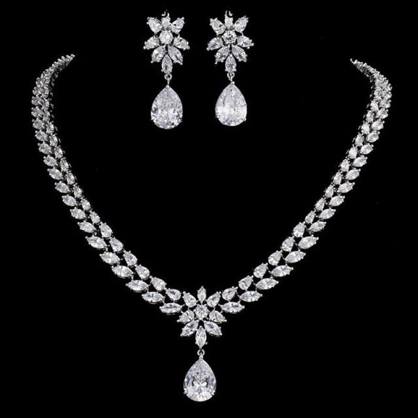 Womens Romantic Trendy Flower Design Water Drop CZ Party Silver-color Jewelry set - white / 45cm - Womens Romantic Trendy Wedding Jewelry