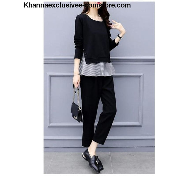 Womens Striped Splicing Long Sleeve Tops And Harem Pants Set Casual Office 2 Piece Suit Set - black / XL - Womens Striped Splicing Long
