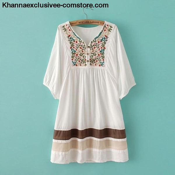 Womens Summer Embroidered Ethnic style stitching loose half sleeve female Cotton Long Blouse Top - White / One Size - Womens Summer